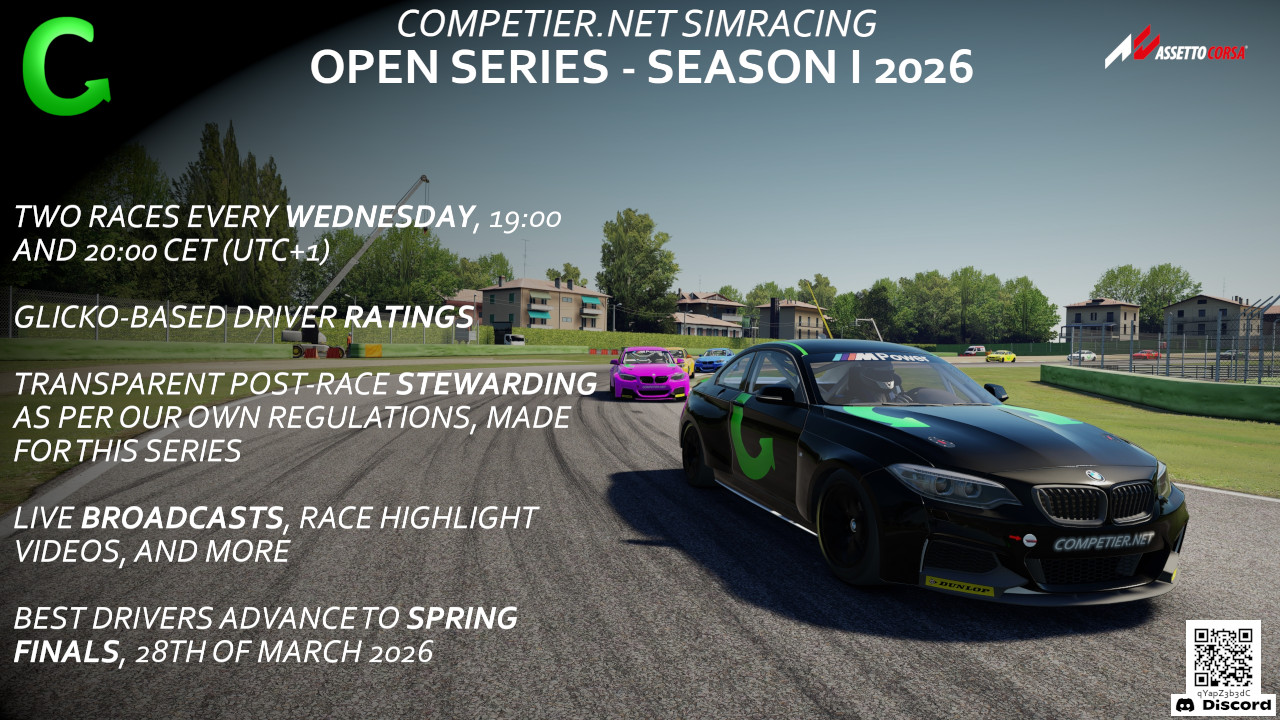 Competier Open Series race cars on a track with event information and schedule details for the Assetto Corsa league