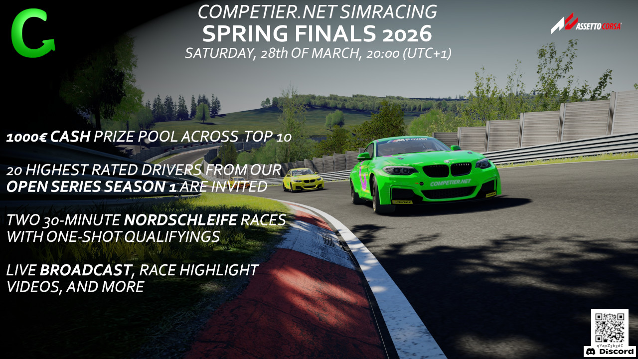 Competier Spring Finals race cars on a track with event information and schedule details for the Assetto Corsa league